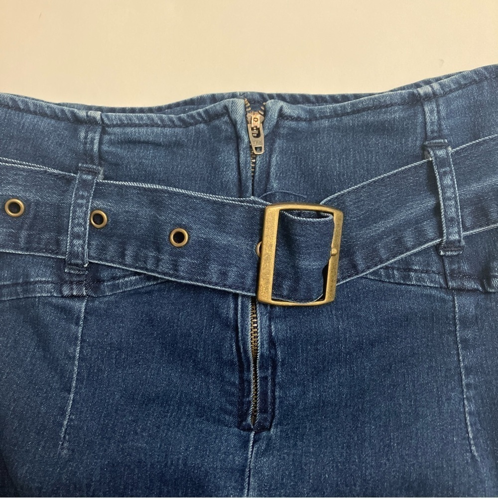 FREE PEOPLE dark wash stretch denim mini skirt with belt - Picture 3 of 5